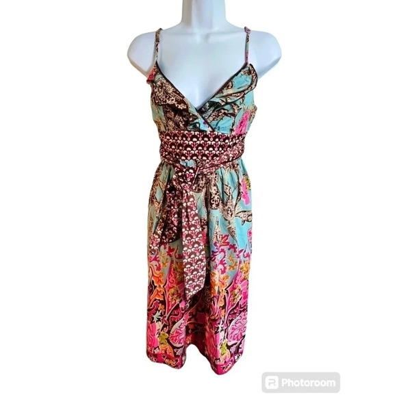 Fire Los Angeles Boho Floral Patchwork Midi Dress Cotton Belted Cottage Large - Picture 2 of 6